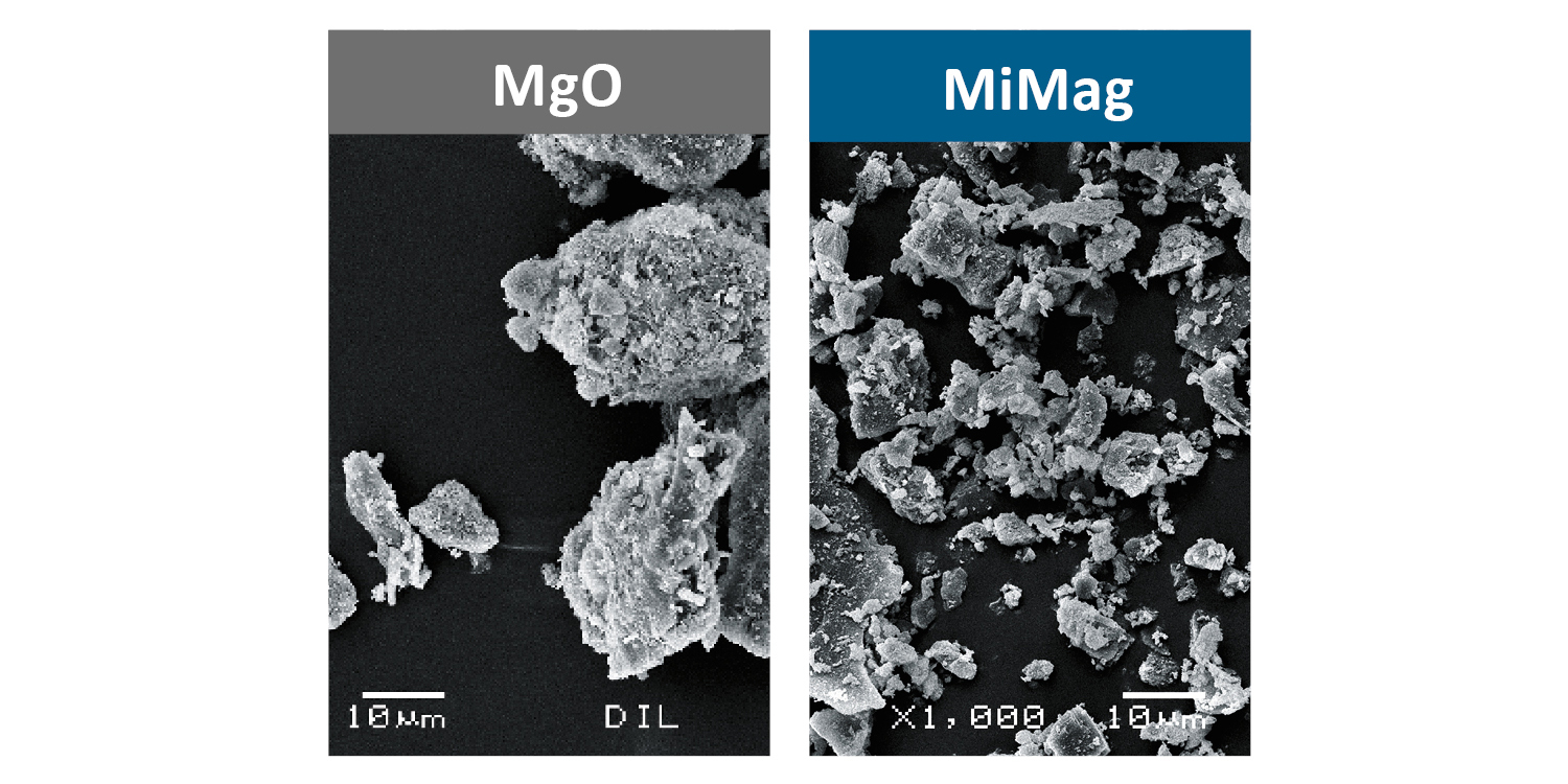 1000násobně zvětšený pohled na oxid hořečnatý a MiMag 